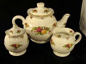   ALBERT OLD COUNTRY ROSES FLUTED 3 PC TEA SET TEAPOT SUGAR CREAMER 22K