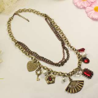 Necklace Retro Chain Flower Bronze Fan Charm Red Gemstone Rhinestone 