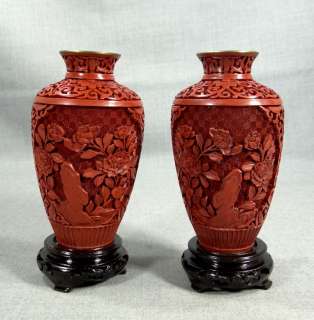   CARVED CINNABAR RED LACQUER PEONY FLOWER VASE URN SET STAND&BOX  