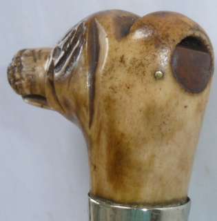 DOGS HEAD WHISTLE RIDING CROP CARVED ANTLER WALKING STICK FOX HOUND 