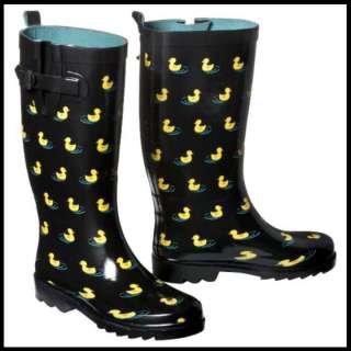 Capelli New York Rubber Duck Rain Boots Wellies Black Yellow Tall Size 