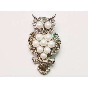   Faux Pearl Bead Alien Owl Bird Branch Crystal Rhinestone Pin Brooch