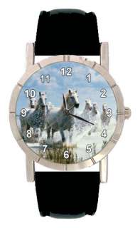 Running Horses Mens Womens Genuine Leather Quartz Movement Wrist Watch 