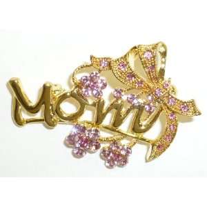  Goldplated Mom with Pink Crystal Flowers Pin Jewelry