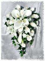 White CALLA LILY Bridal Cascade BOUQUET Silk Wedding Flowers 13 Piece 
