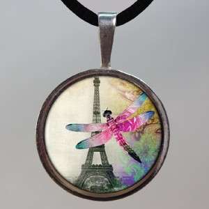 Dragonfly Eiffel Tower Domed Glass Tile Pendant D53  