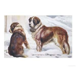 Two St. Bernard Rescue Dogs in the Alpine Snow Giclee Poster Print 