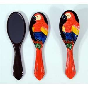  Handpainted Red Parrot Bird Hair Brush Mirrow Set (Set Of 