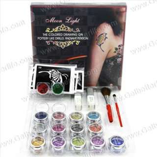Glitter Tattoo Kit 15 Color Brushes Glue Stencil Supply  