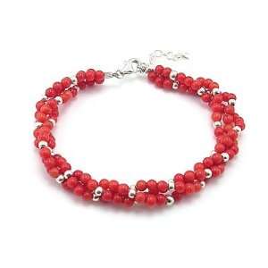    2rows 5mm Red Coral Gild Bead Bracelet Silver 