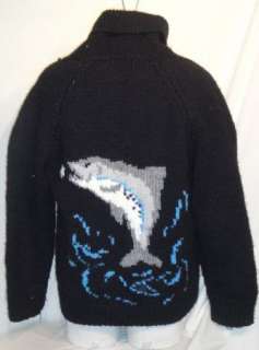  Vintage Hand Knit Novelty Sweater Heavy Wool Fishing Theme Zip Front