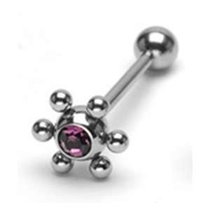 Tongue Ring Piercing Barbell with 6 Steel Balls and Purple Gem